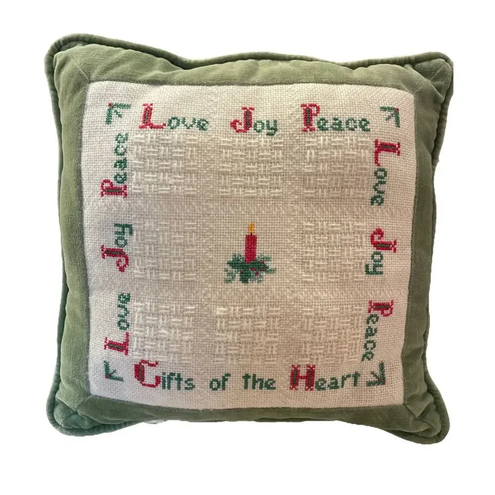 Vtg 1981 handmade Needlepoint Christmas “Gifts Of The Heart” Throw Pillow 14x14
